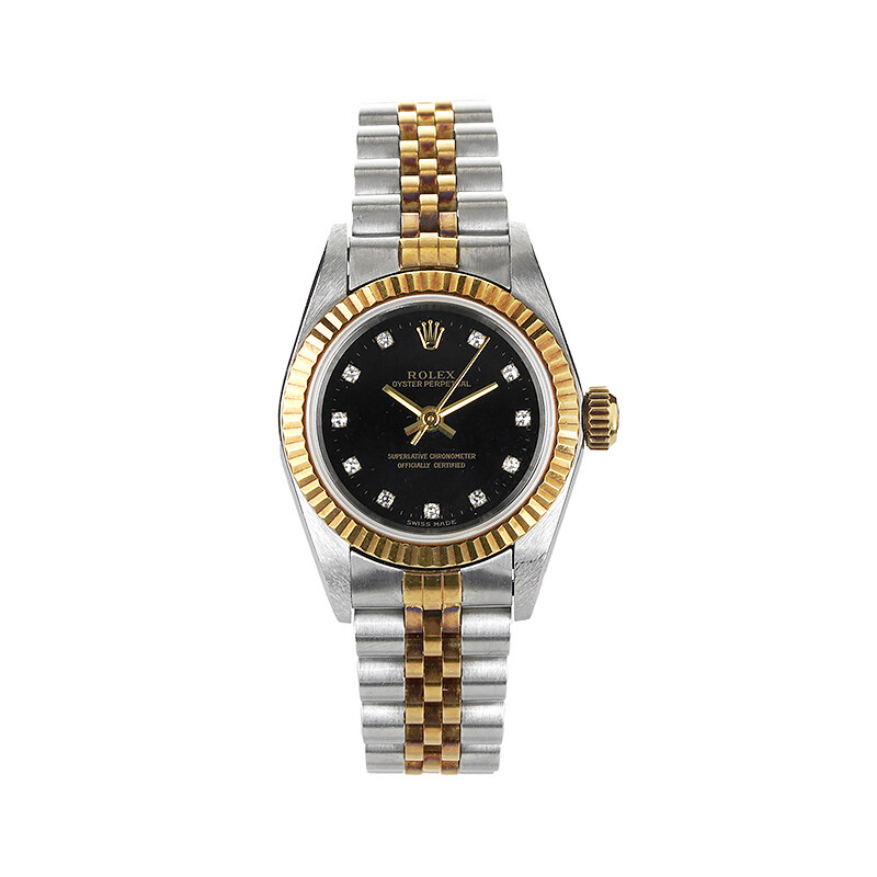 실버 골드 블랙 11P 다이아 오이스터 퍼페츄얼 오토매틱 스틸 시계 (26mm) - Rolex