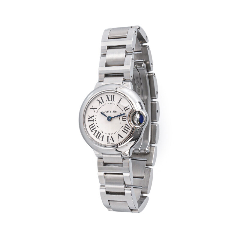 실버 화이트 발롱 블루 스몰 쿼츠 스틸 시계 (28mm) - Cartier