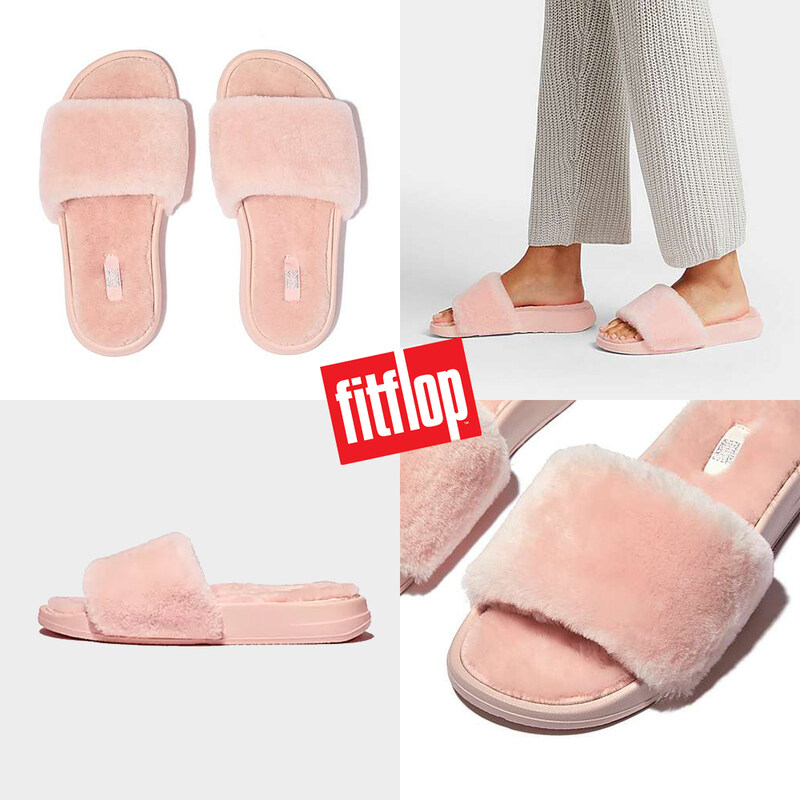 핏플랍 아이쿠션 시어링 퍼 슬라이드 슬리퍼 핑크 여성방한화 여자명품슬리퍼 FITFLOP - Fitflop