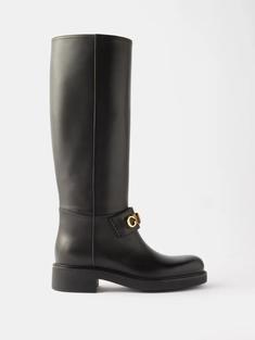 구찌 여성 Logo plaque leather knee high boots Black