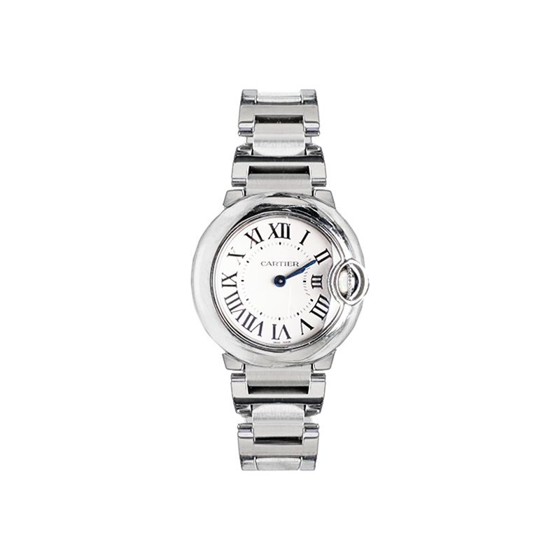 실버 화이트 발롱 블루 스몰 쿼츠 스틸 시계 (28mm) - Cartier