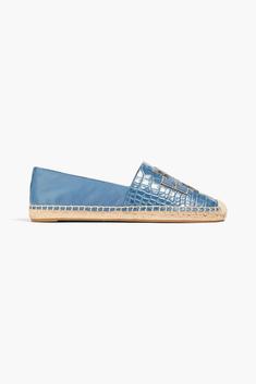 토리버치 여성 Ines smooth and croc effect leather collapsible heel espadrilles Storm blue