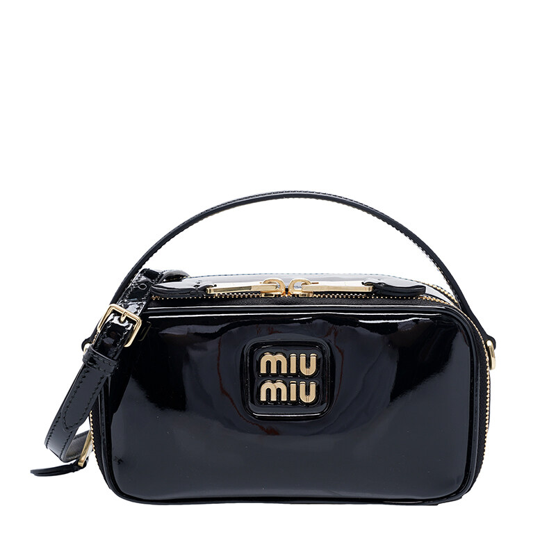 블랙 페이던트 로고 탑 핸들 토트백 - Miu Miu
