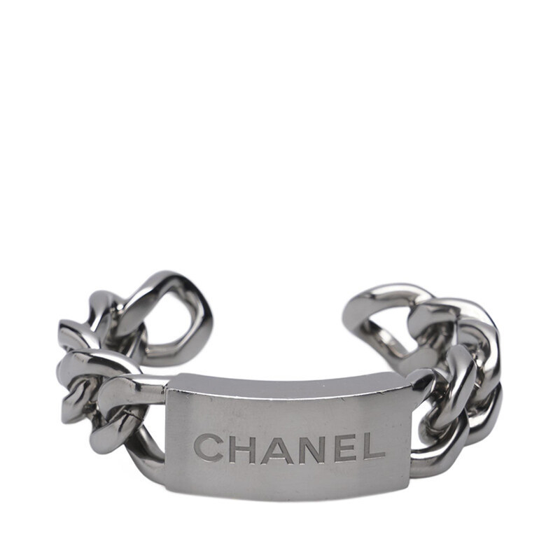 실버 CHANEL 로고 체인 오픈 커프 뱅글 팔찌 - Chanel