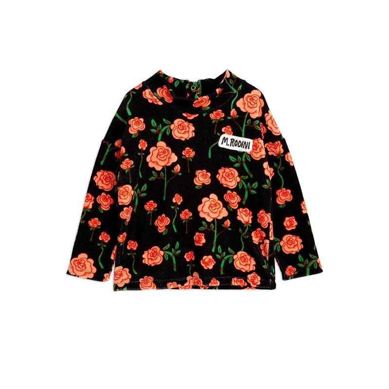 22FW 키즈 로즈 패턴 벨루어 티셔츠 블랙 22720140 99 - Mini Rodini