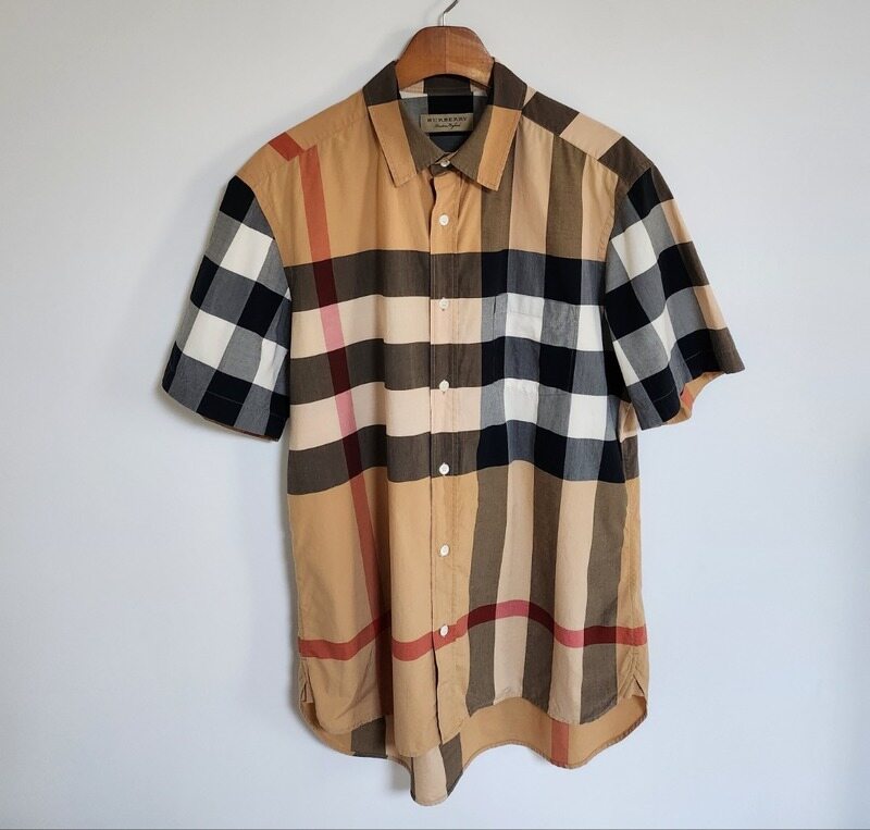L 버버리 스트레치 체크 반팔 셔츠 8007177 - Burberry