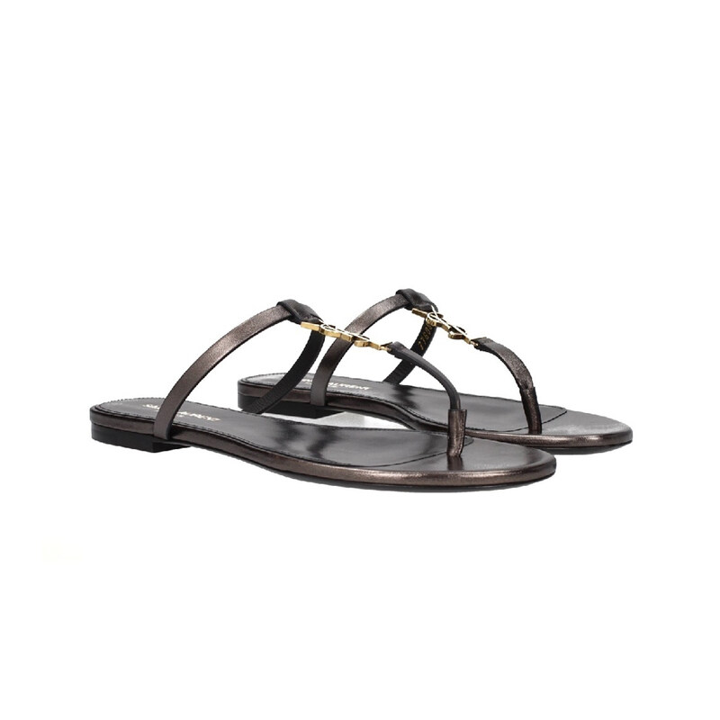 생로랑 여성 카산드라 플랫 스트랩 슬라이드 샌들 메탈릭 브라운 776081 0NLDD 2121 - Saint Laurent