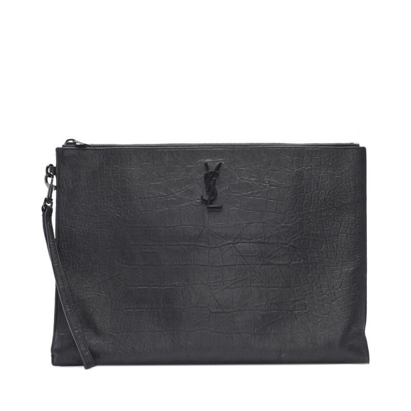 블랙 카프스킨 크록 모노그램 흑장 스트랩 공용 클러치 667691 C9H0U 1000 - Saint Laurent