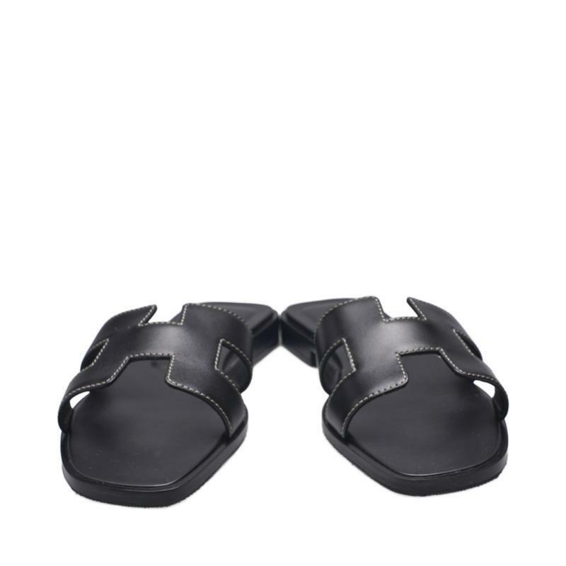 (220mm) 블랙 카프스킨 오란 여성 슬리퍼 H021056Z 01350 - Hermes