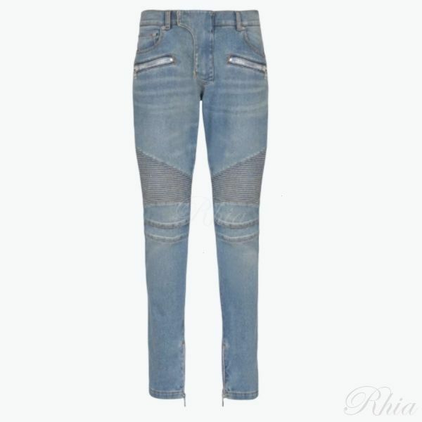 발망 데님 슬림 핏 바이커 팬츠 FH1MG115DF81 6AW - Balmain