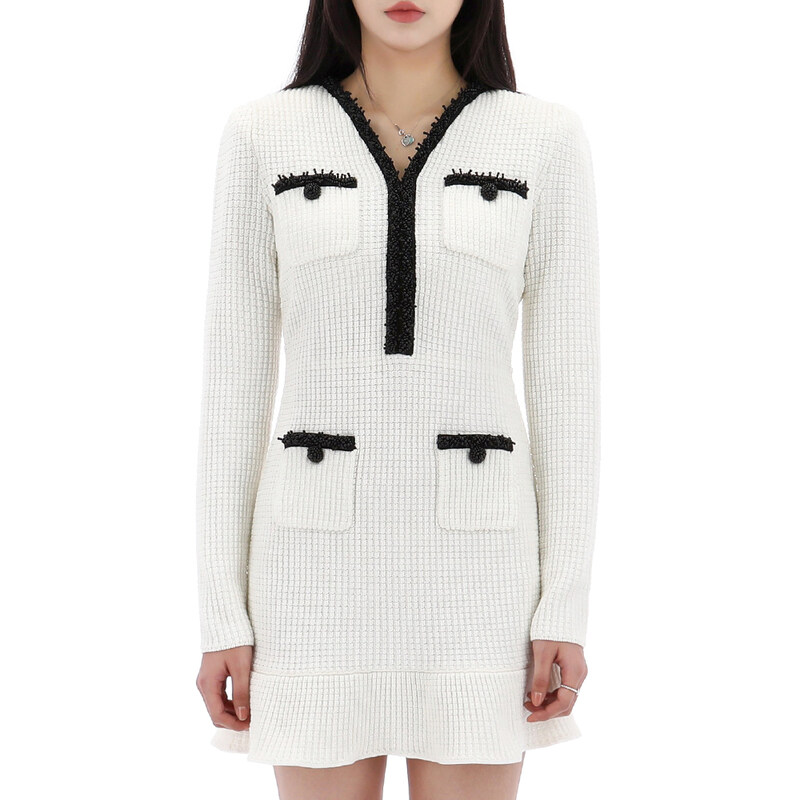 국내배송 셀프포트레이트 펄 트림 니트 미니 원피스 RS25087SW WHITE - Self Portrait