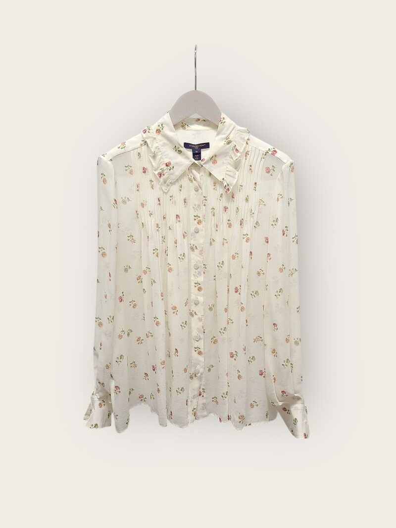 [중고명품/루이스잇] 36 / 루이비통 화이트 플라워 프린트 실크 블라우스 셔츠 - Louis Vuitton