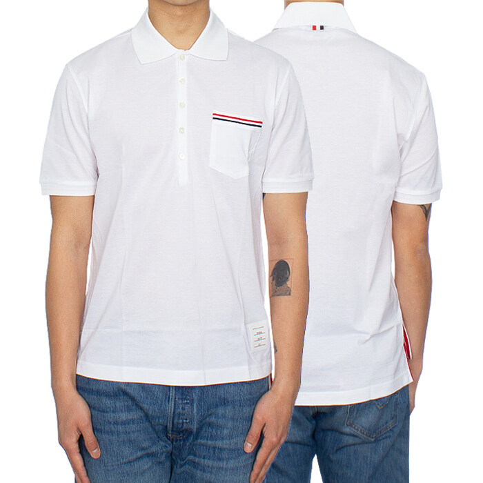 톰브라운 남성 포켓 카라 티셔츠 화이트 MJP022A 01455 100 - Thom Browne