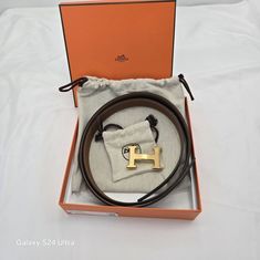 에르메스 H 벨트 버클 & 리버시블 레더 스트랩 32mm & 플래티넘 브러쉬드 골드 하드웨어 누아 골드 H073967CAAA 썸네일 1
