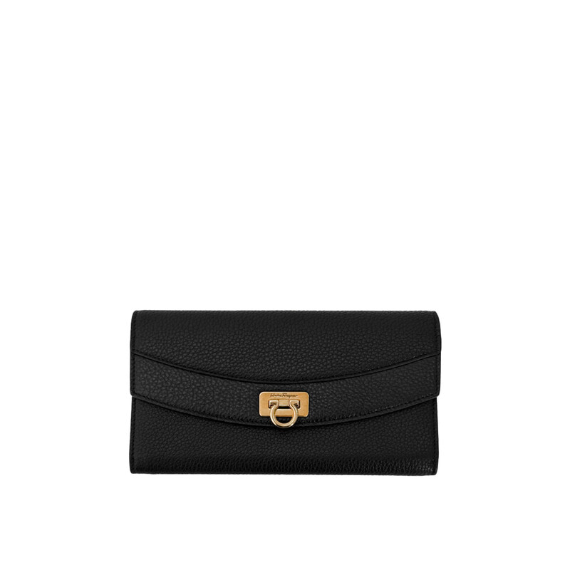 [중고명품비아르] [OS] 페레가모 여성 간치니 22 레더 클로저 플랩 장지갑 블랙 금장 - Salvatore Ferragamo