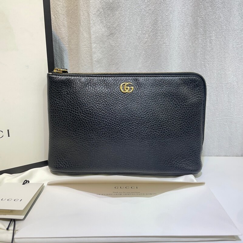 구찌 497989 블랙 스트럭처드 텍스처드 레더 금장 GG 마몽 파우치 클러치 - Gucci
