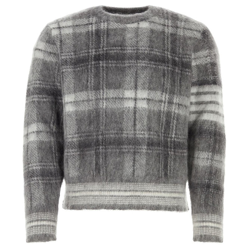 톰브라운 24FW 사선완장 체크 패턴 모헤어 릴렉스핏 니트 메드그레이 MKA487F Y8004 035 - Thom Browne