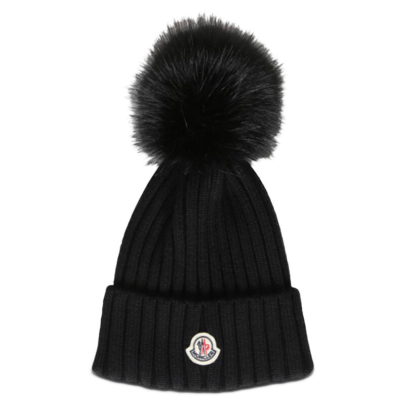 몽클레어 25FW 로고 패치 폼폼 립 니트 비니 블랙 3B000 64 M1131 999 - Moncler