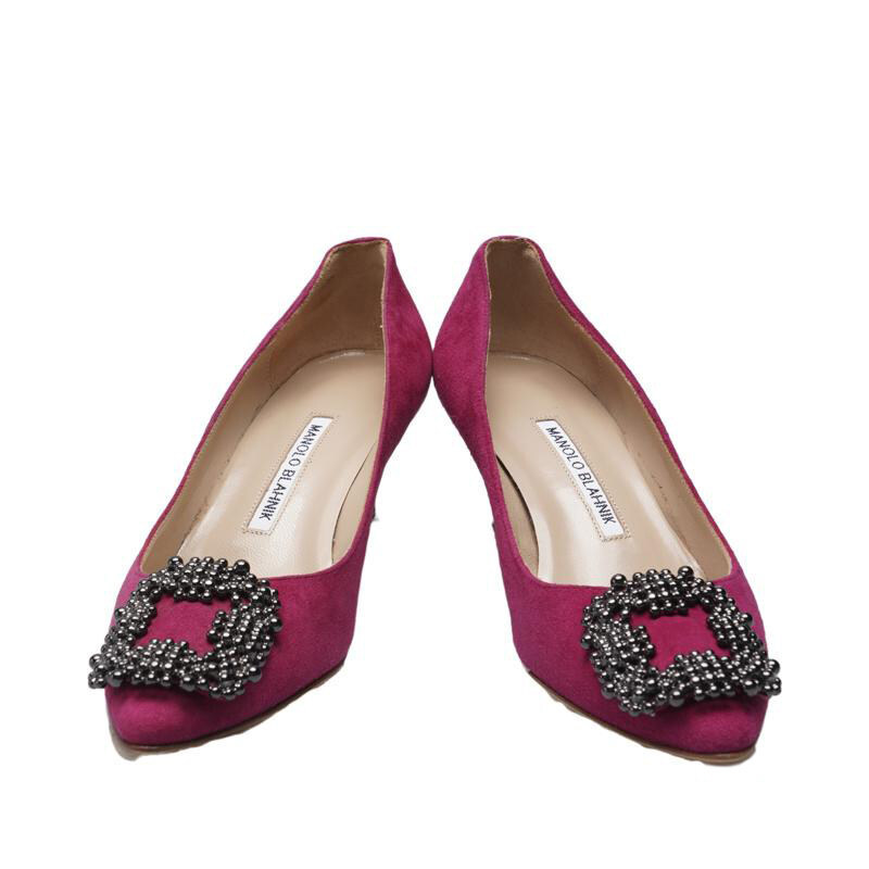 (230mm) 푸시아 카프스킨 & 스웨이드 한기시 버클 여성 펌프스 힐 - Manolo Blahnik