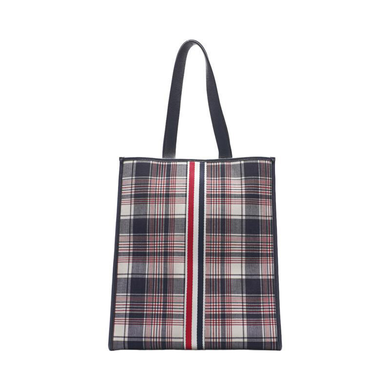 멀티컬러 마드라스 체크 웨빙 RWB 밴드 버티컬 토트백 - Thom Browne
