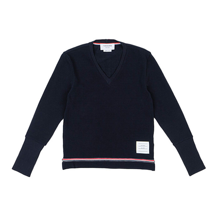 [로로모다] 톰브라운 코튼 피케 브이넥 네이비 여성 롱 슬리브 탑 / FJS194A-J0185-415 - Thom Browne
