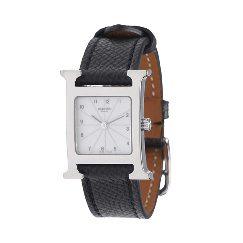 블랙 화이트 H 아워 스몰 쿼츠 가죽 시계 (21mm) - Hermes