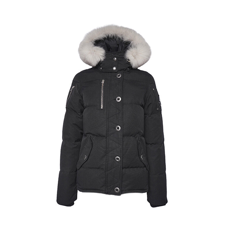 (55) 블랙 코튼 & 나일론 쓰리 쿼터 퍼 후드 여성 패딩 MK2229L3Q  - Moose Knuckles