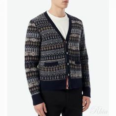 톰브라운 브러시드 셰틀랜드 메리노 울 펀믹스 페어 에일 자카드 브이넥 가디건 MKC598F Y1026 415 썸네일 1