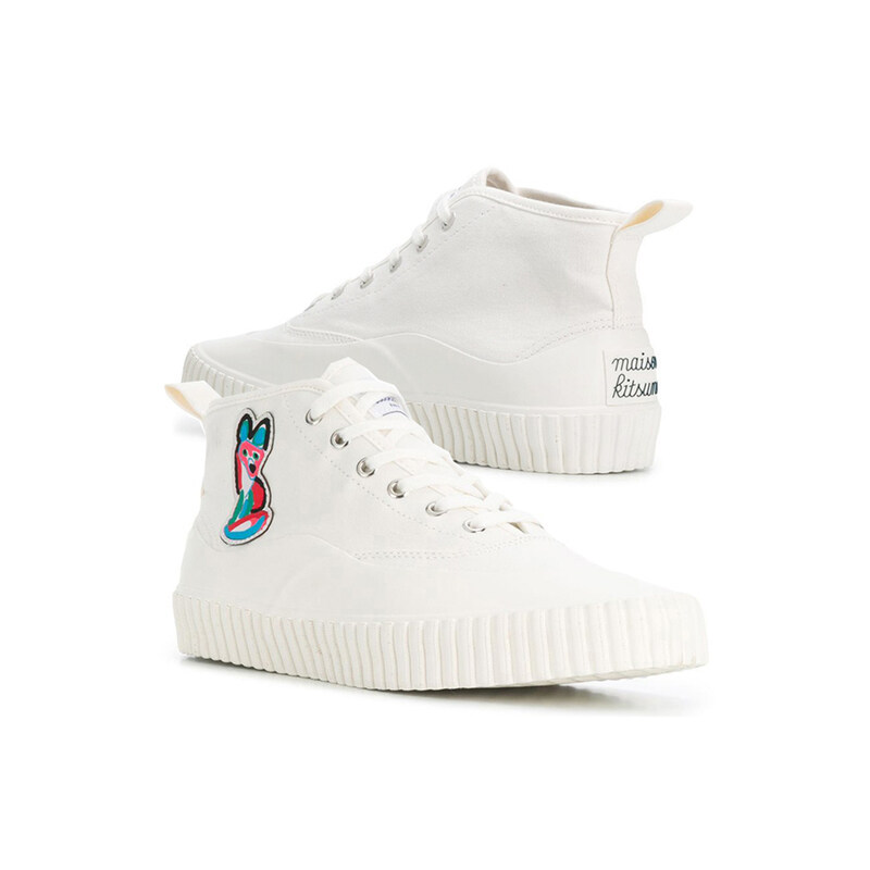 15주년 여성 아씨드 폭스 패치 하이탑 스니커즈 화이트 EU04705WW9000 WH - Maison Kitsune