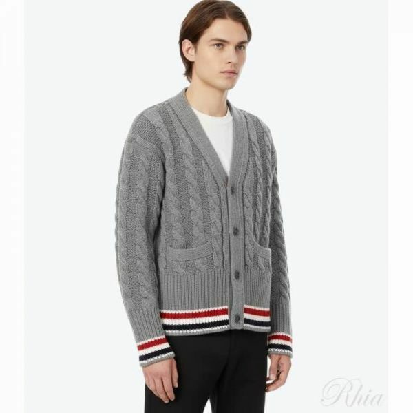 톰브라운 26SS 베이비 케이블 RWB 스트라이프 브이넥 울 가디건 MKC622B Y1005 055 - Thom Browne