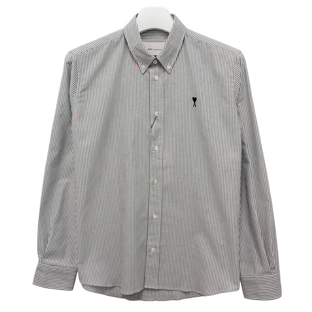더팩토리 26SS 아미 하트 로고 코튼 옥스포드 스트라이프 셔츠 / 내추럴 화이트 블랙 (HSH763 CO0087 039) - Ami