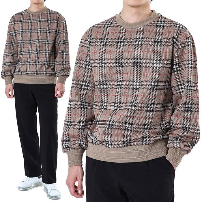 버버리 뉴체크 패턴 레터링 코튼 블렌드 니트 베이지/8102882 - Burberry