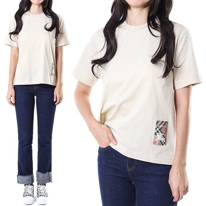 버버리 시그니처 코튼 체크 라벨 여성 라운드 티셔츠 베이지/8103506 - Burberry