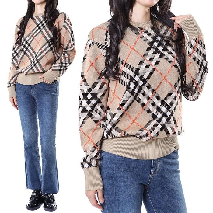 버버리 클래식 체크 패턴 울 모헤어 블렌드 여성 니트 아카이브베이지/8093486 - Burberry