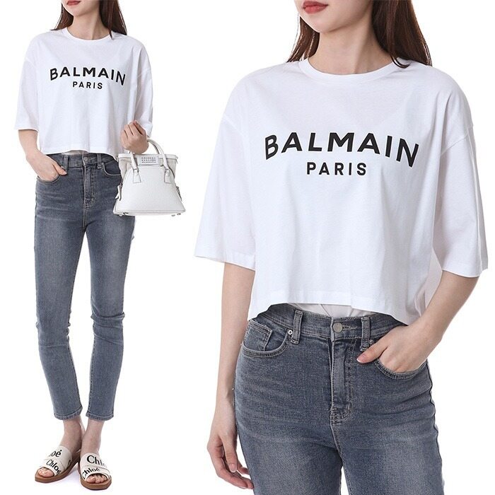발망 시그니처 로고프린트 크롭 레이어드 티셔츠/AF1EE020 BB02 GAB - Balmain