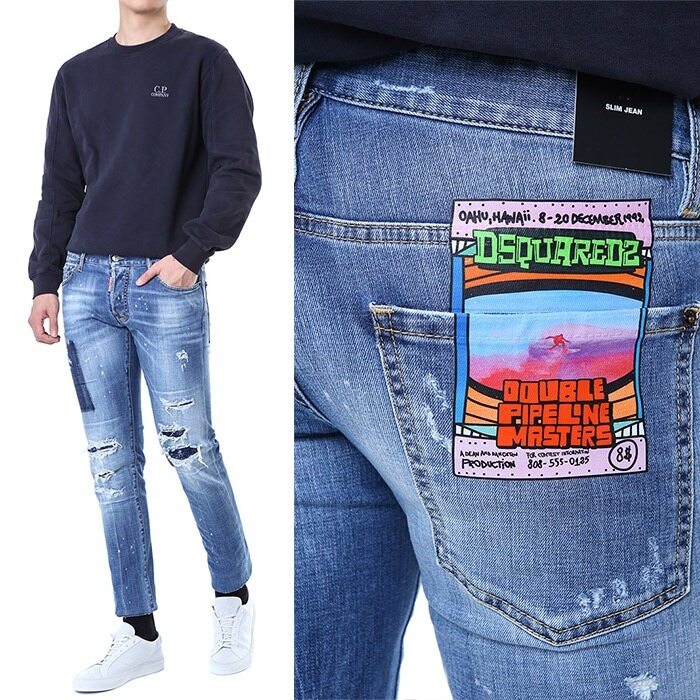 디스퀘어드 일러스트 패치 멀티디스 연청워싱진/71LB1168 S30664 470 - Dsquared2