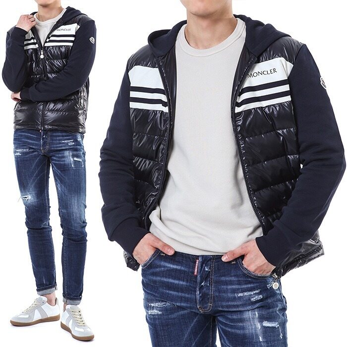 몽클레어 로고패치 패딩레이어드 배색 후드 코튼 집업 - Moncler