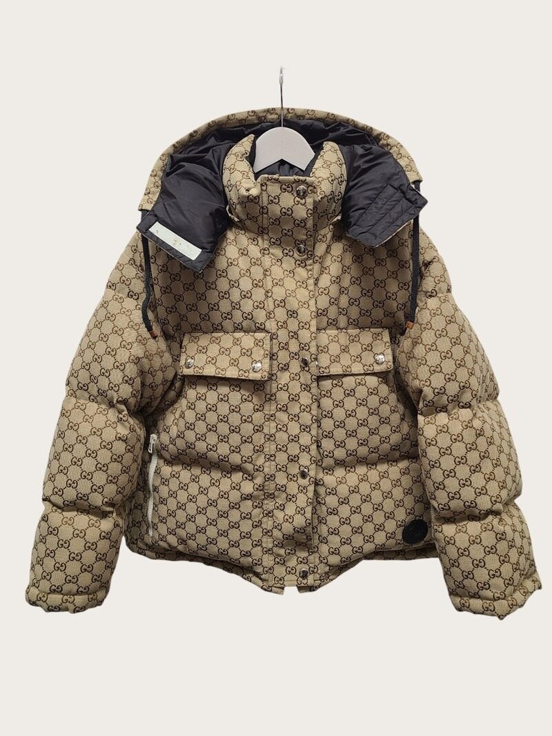 [중고명품/루이스잇] 38 / 구찌 카멜 에보니 GG 코튼 캔버스 푸퍼 패딩 점퍼 - Gucci
