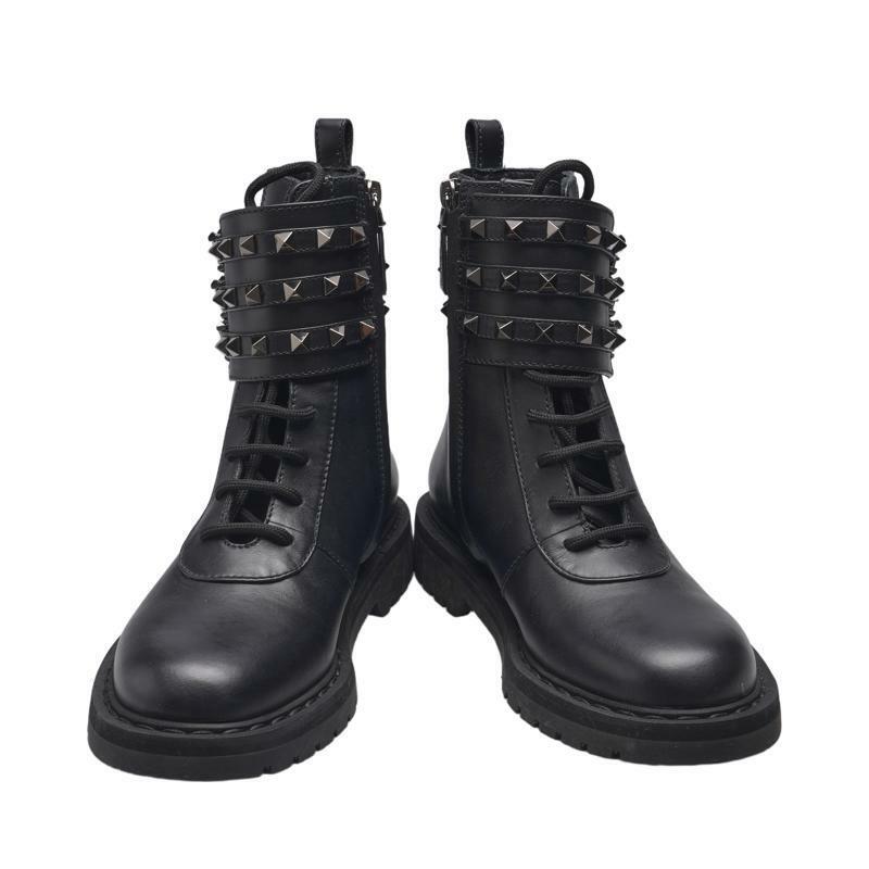(230mm) 블랙 카프스킨 락스터드 버클 여성 워커 부츠 - Valentino Garavani
