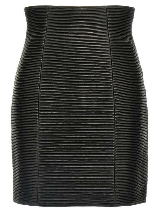 25SS 발망   여성 하이웨스트 롤드 램스킨 레더 스커트 EF1LA495LC620PA Black BPG - Balmain