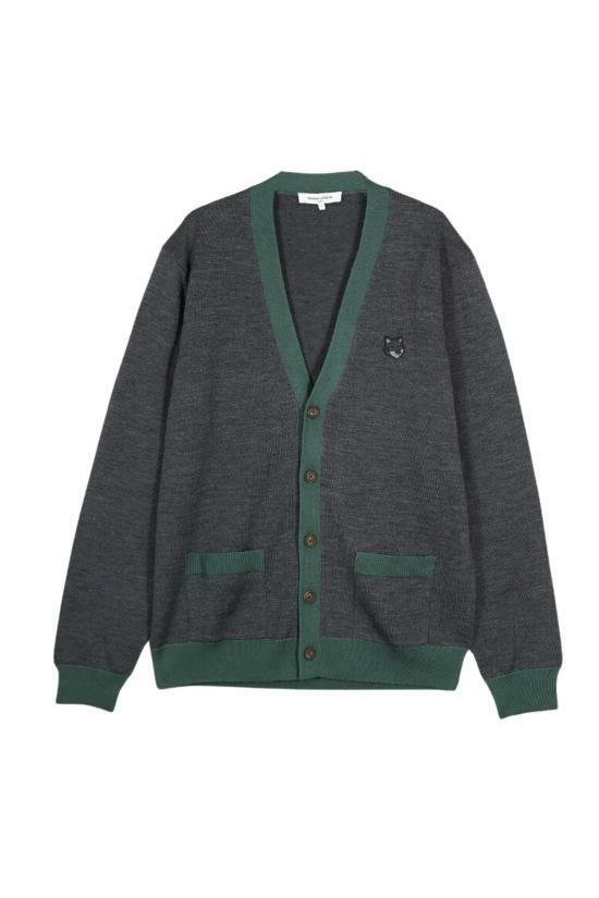 메종키츠네 볼드 폭스 헤드 패치 바이 컬러 가디건 NM00507KT1036H170 DARK GREY MELANGE DOM - Maison Kitsune