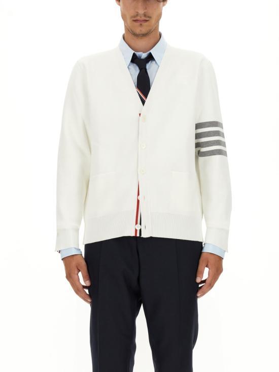 26SS 톰브라운 코튼 밀라노 스티치 4바 V넥 가디건 MKC171A00219100 WHITE DOM - Thom Browne