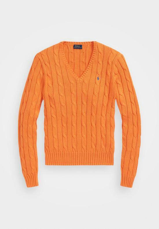 25FW 폴로 랄프로렌 포니로고 피마 코튼 케이블 니트 V넥 스웨터 211971870010 ORANGE DOM - Polo Ralph Lauren
