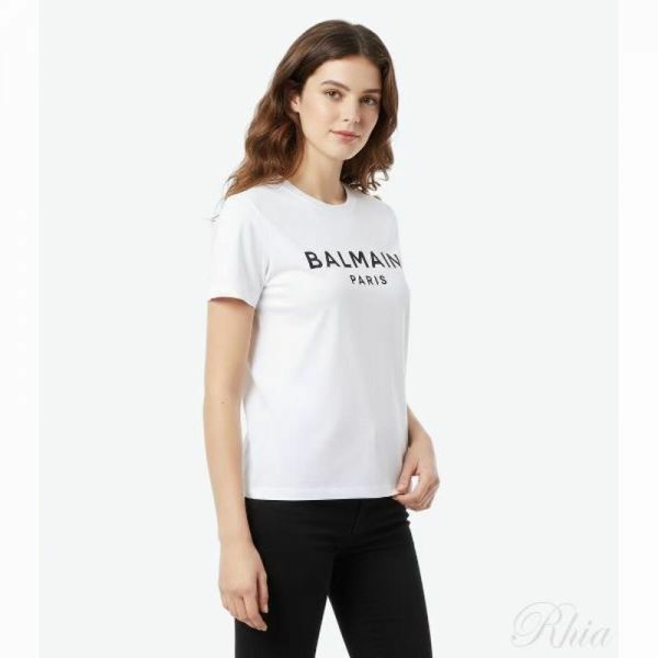 발망 26SS 로고 프린트 장식 코튼 티셔츠 BF1EF005BB02 GAB - Balmain