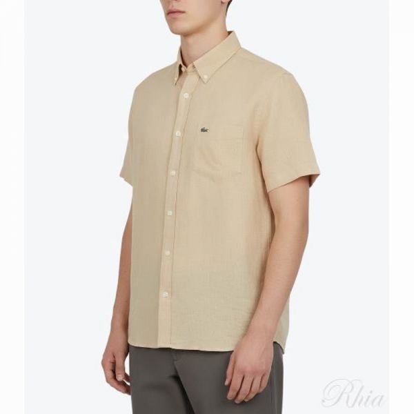 라코스테 쇼츠 슬리브 린넨 셔츠 CH5699 IXQ 로고 패치 레굴러 핏 리넨 반팔셔츠 - Lacoste