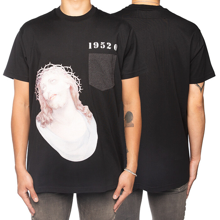 지방시 지져스 레더 포켓 반팔 티셔츠 블랙 16J7114651001 - Givenchy