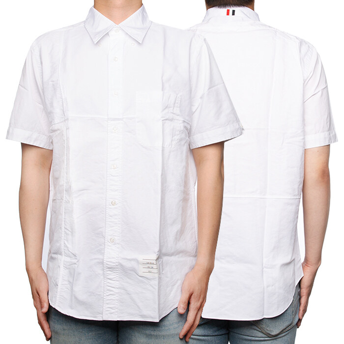 톰브라운 남성 삼선탭 옥스포드 반팔 셔츠 MWS254A 03113 100 - Thom Browne