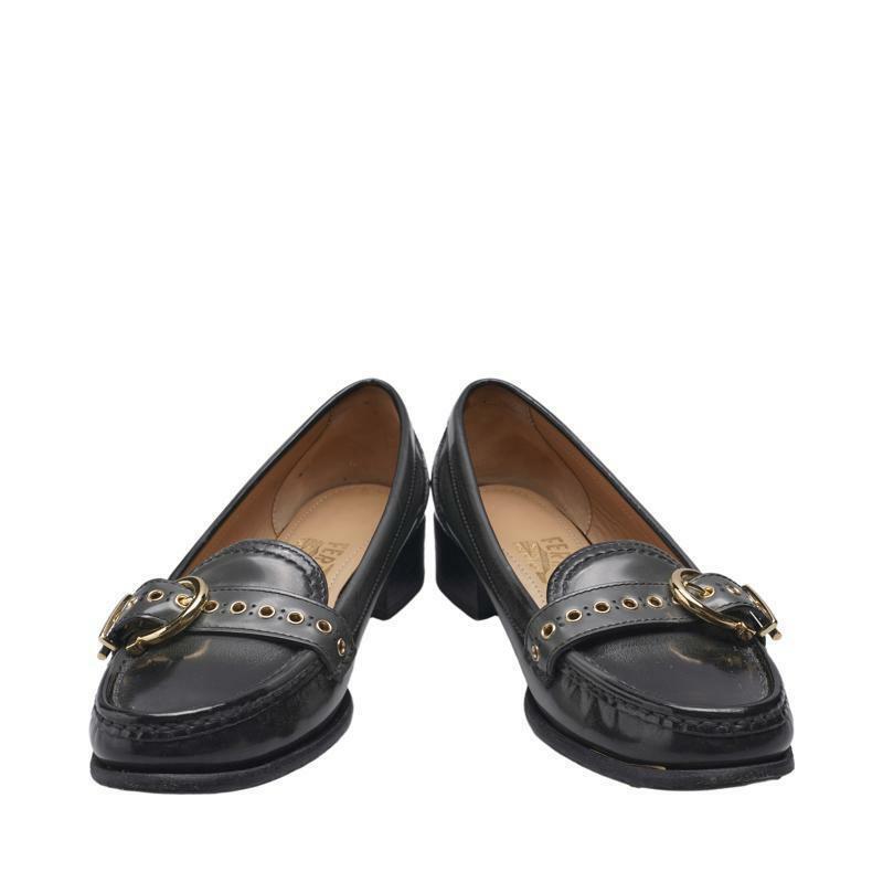 (235mm) 블랙 카프스킨 간치니 금장 버클 여성 로퍼 - Salvatore Ferragamo