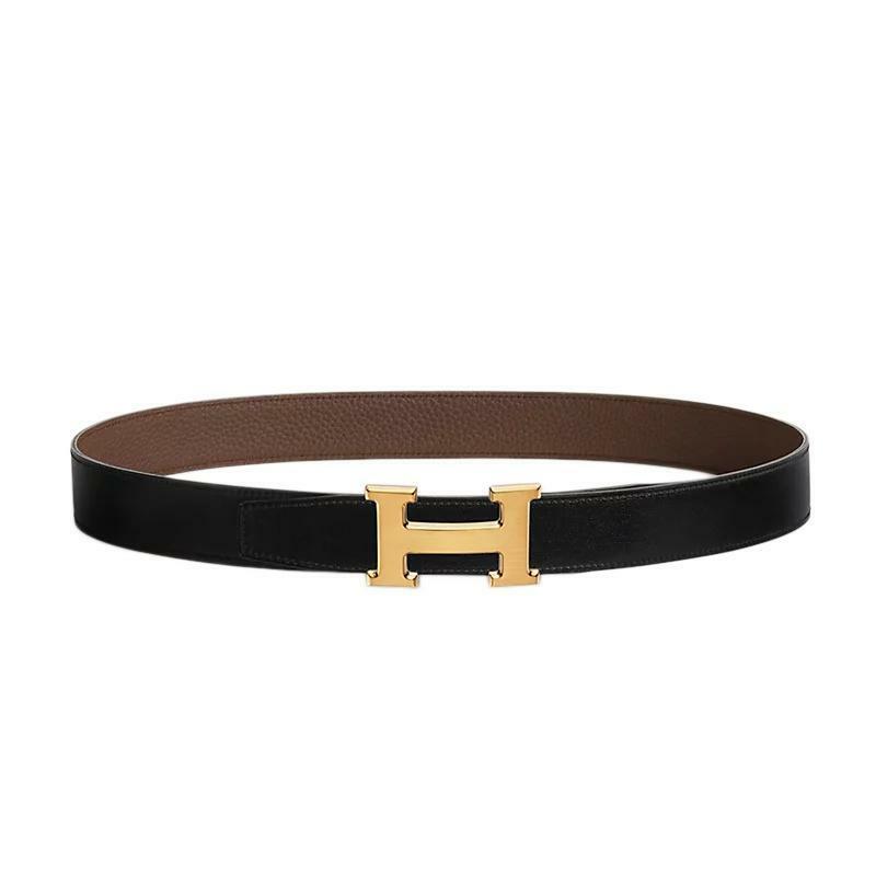 에르메스 H 버클 금장 무광 32mm 리버시블 남성 가죽 벨트 85 블랙 초코 H064544CM2M - Hermes