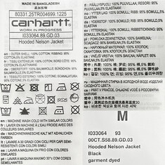 논현 더팩토리 26SS 칼하트 윕 NELSON 넬슨 로고 후드 집업 자켓 / 블랙 가먼트 다이드 (I033064 89GD) 썸네일 7